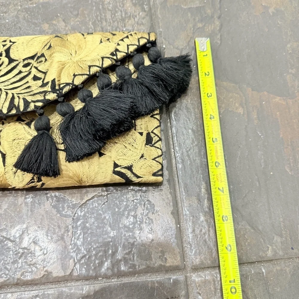 Black & Gold Embroidered Tassel Clutch Boho Statement Envelope Bag